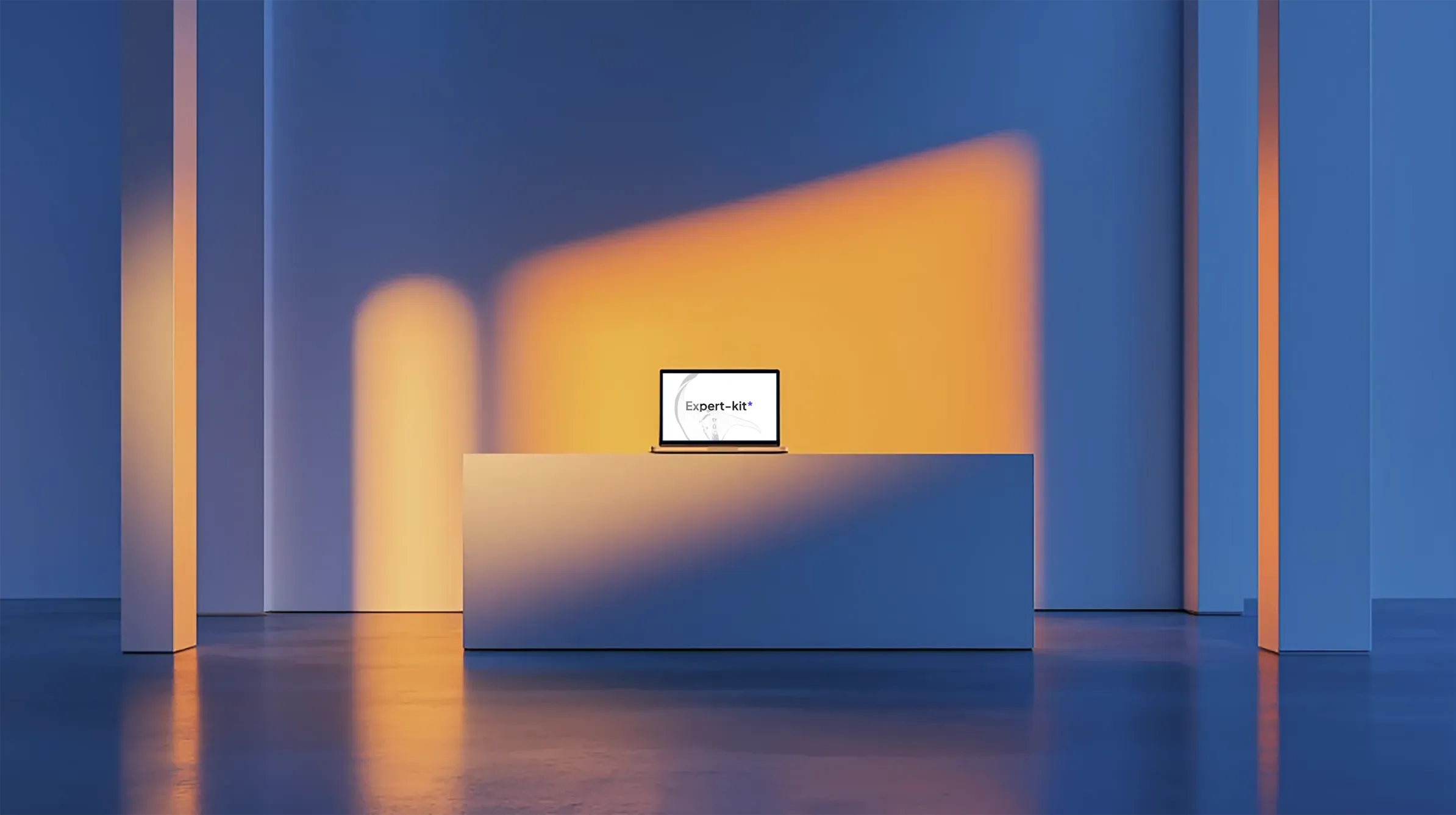 On a laptop in the blue-and-orange lighted hall, the Expert-Kit logo is displayed.