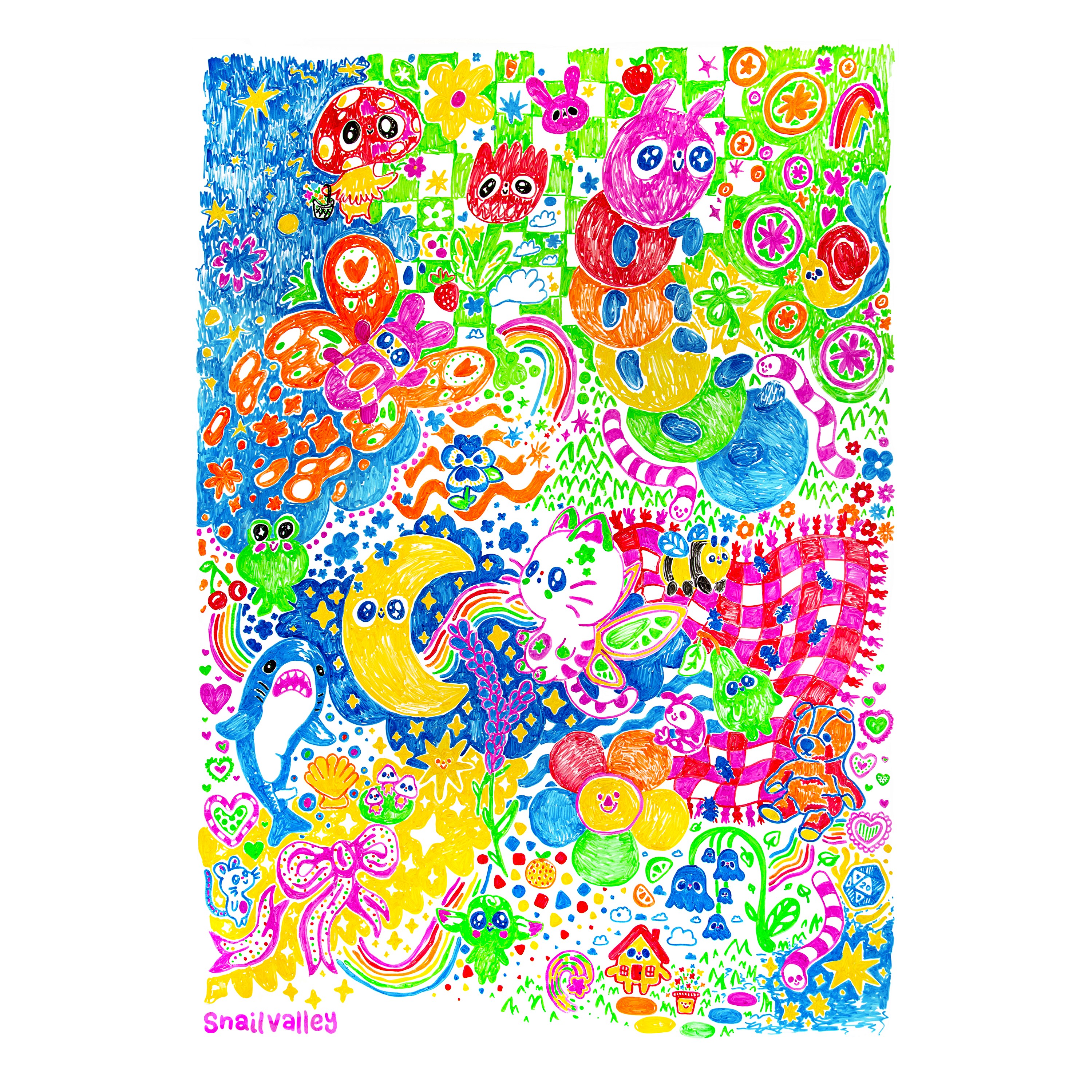 A bright, multicoloured illustration full of whimsical characters, including a rainbow caterpillar, a cat with fairy wings, a rainbow flower, and more.