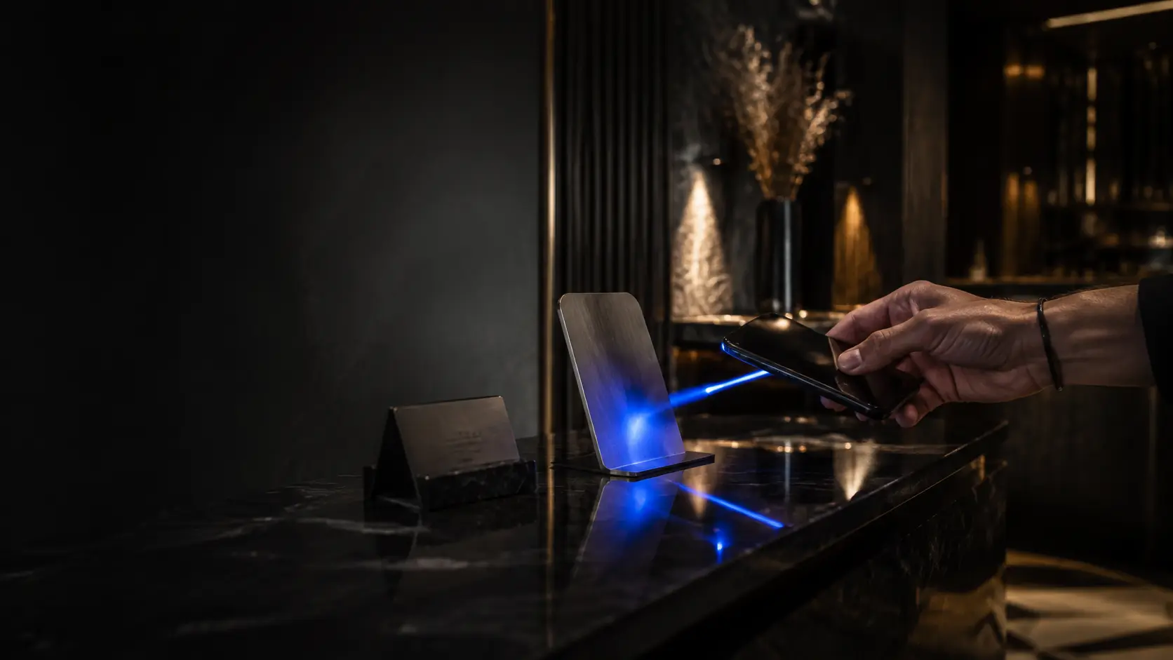Customer interacting with a branded smart business tool designed to simplify engagement.