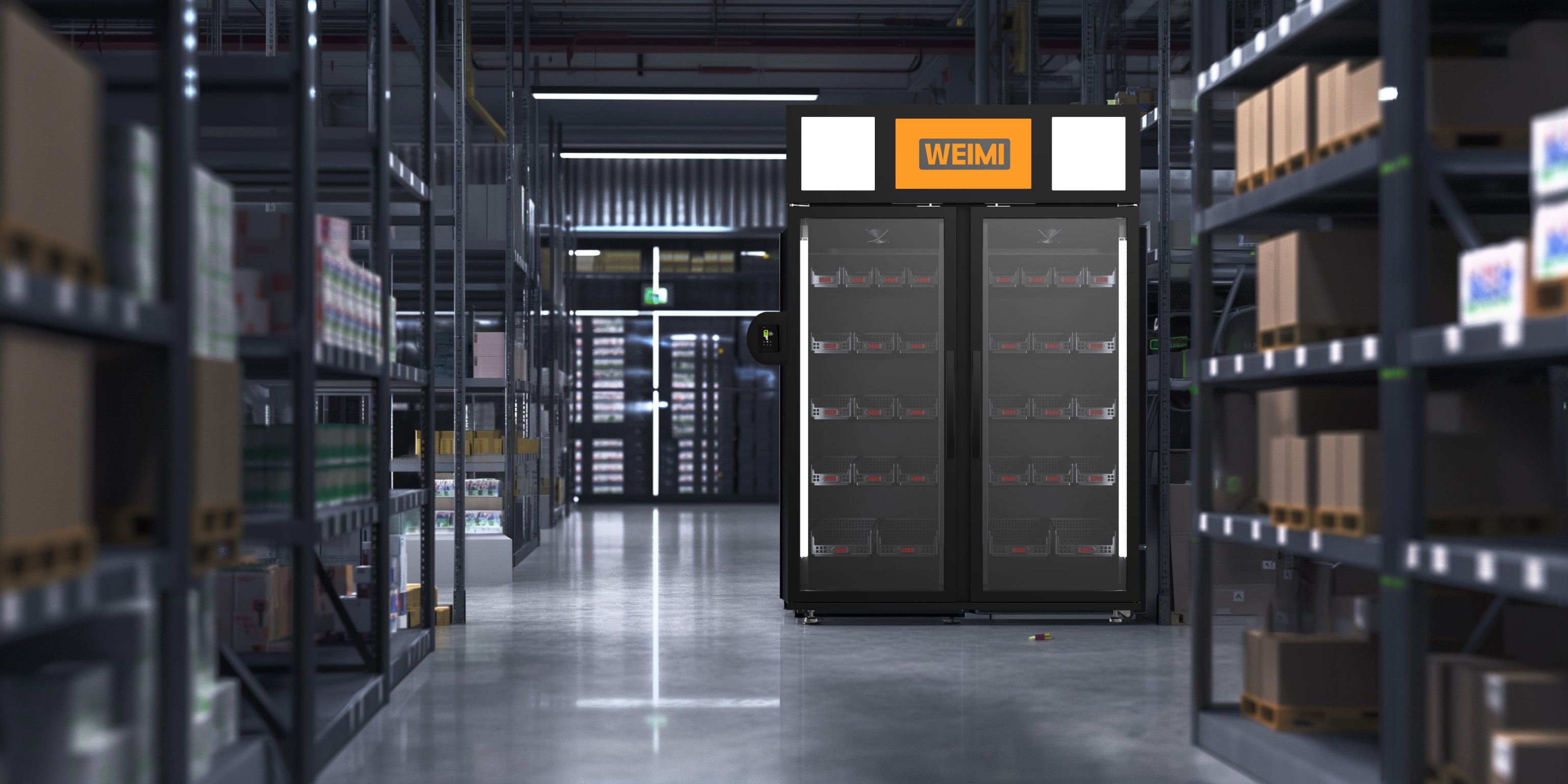 WEIMI viedais pašapkalpošanās risinājums uzstādīts noliktavas vidē, ar plauktiem un preču uzglabāšanu fonā