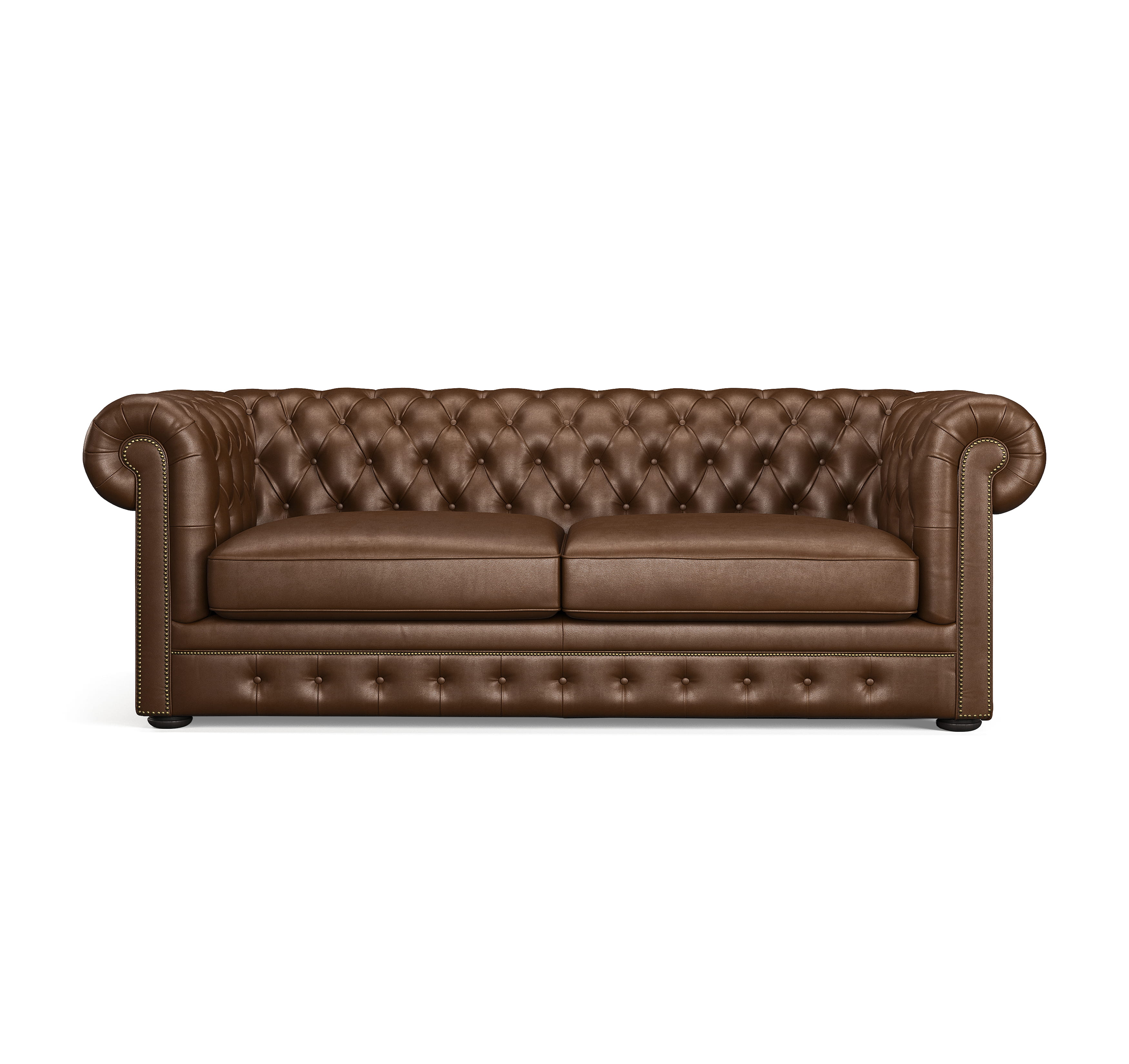 Front view of chesterfield sofa with tufted back and cushioned seats