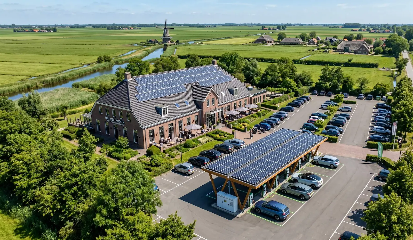 Bedrijfspand met zonnepanelen en laadpalen