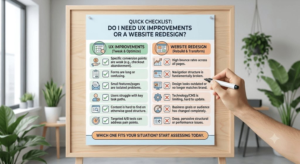 A side-by-side checklist comparing criteria for targeted UX improvements versus a full website redesign.