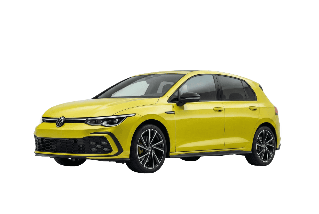 A bright yellow hatchback car, featuring sleek lines and stylish design, parked on a plain background.