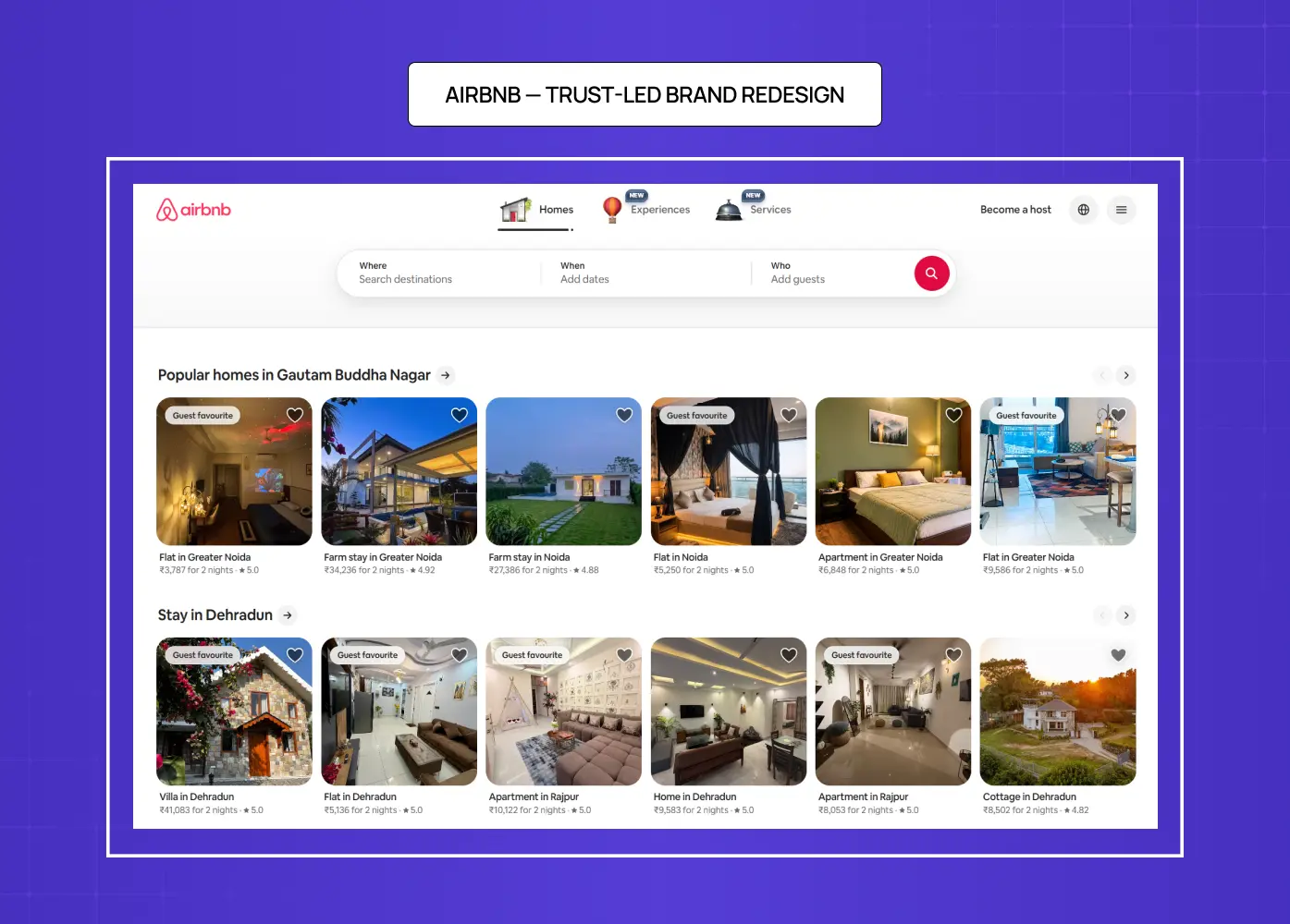 Airbnb redesign concept highlighting trust-led branding with property listings and search-focused interface.