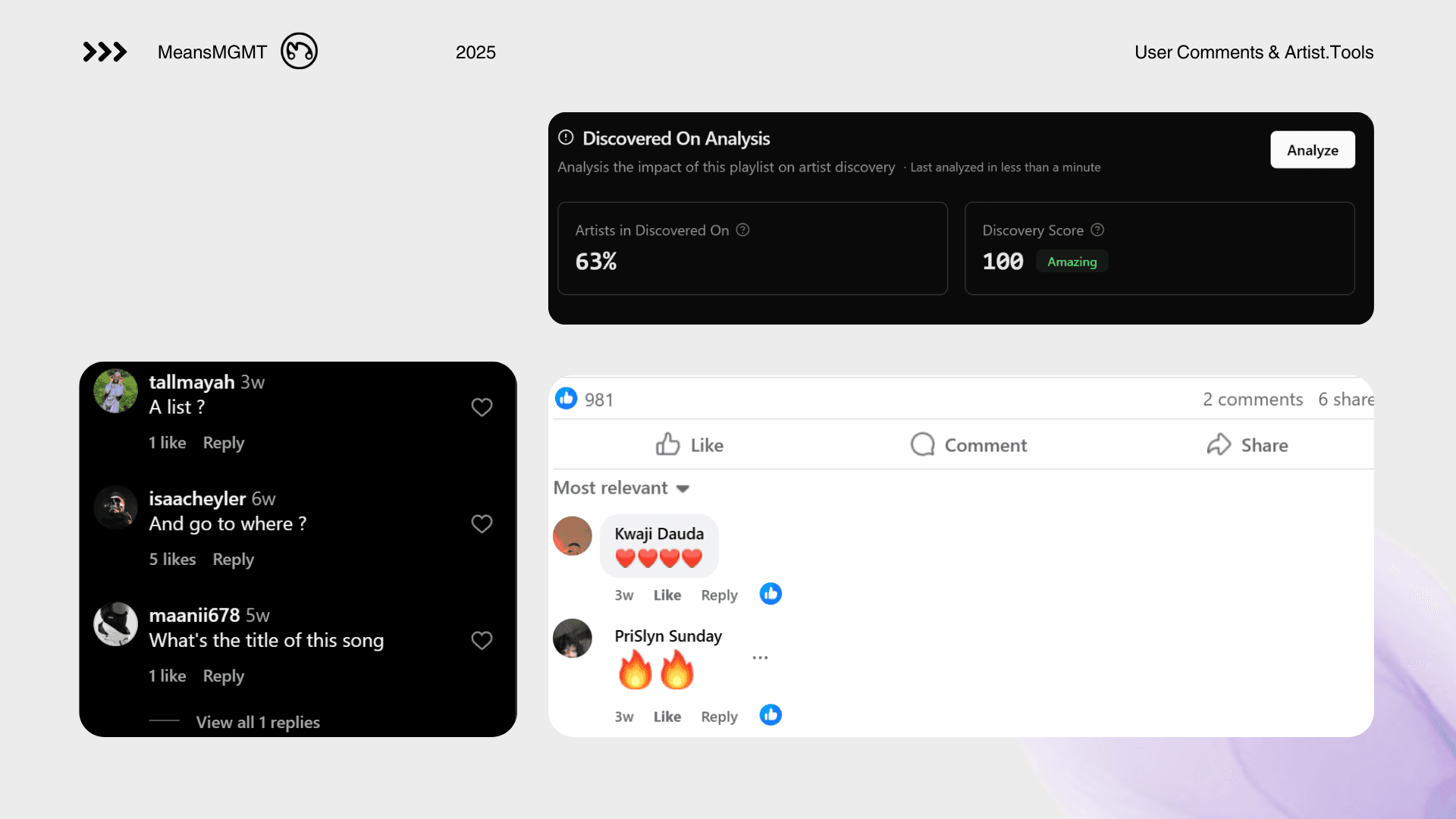 Artist.Tools analysis for Arbee's playlist: 100 Discovery Score (Amazing) and 63% artist discovery, plus user comments from MeansMGMT's Spotify promotion.