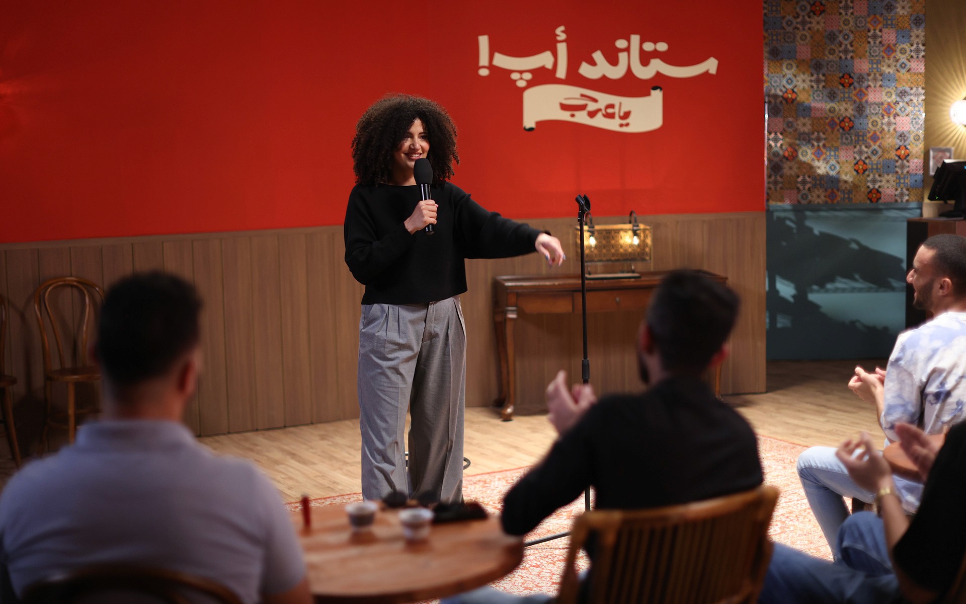 Talents performing on stage during Stand Up Ya Arab! show, showcasing the diversity and humor of Arab comedians.