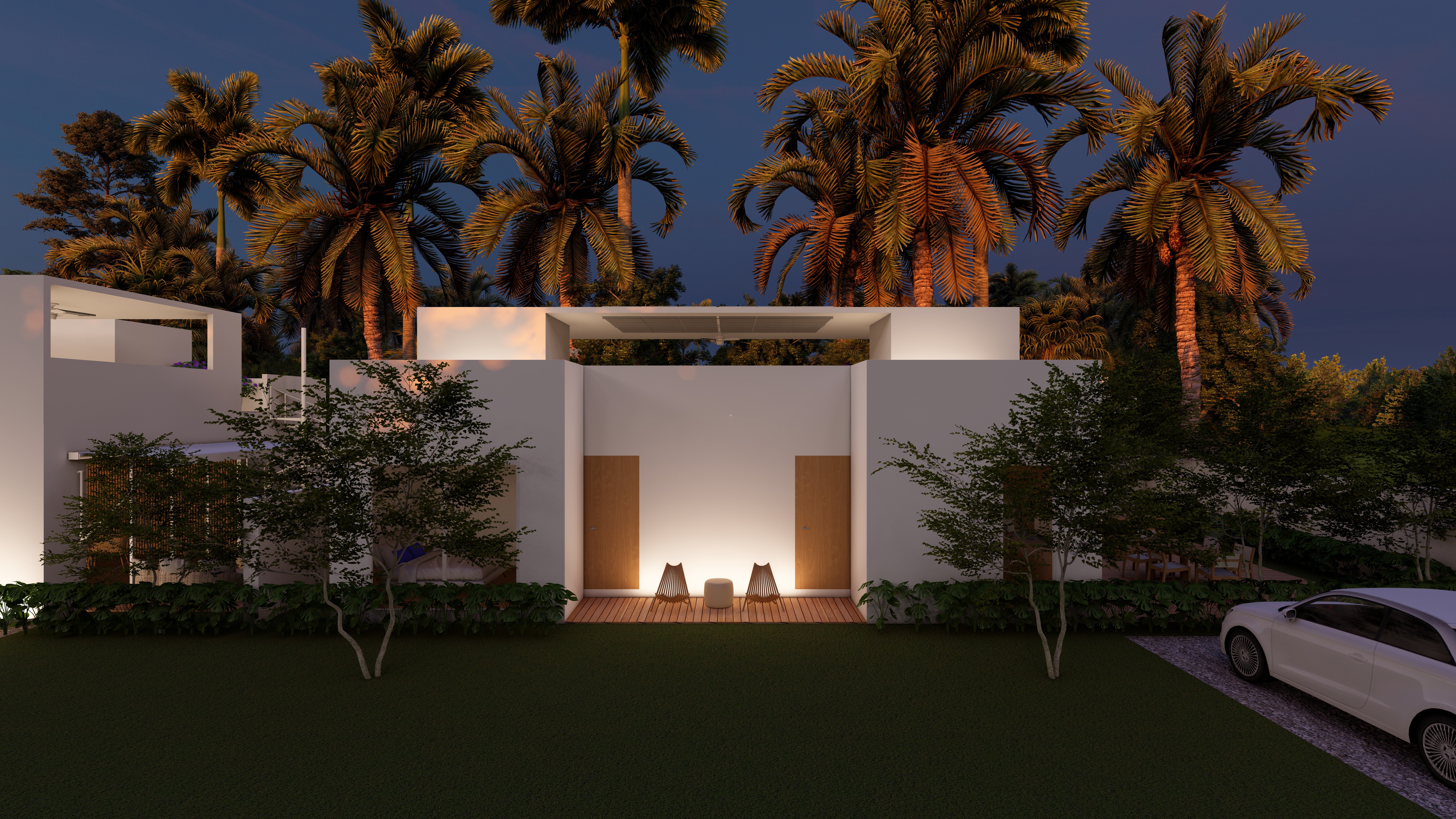 Modern interior entrance with floor-to-ceiling glass walls and warm timber cladding overlooking landscape