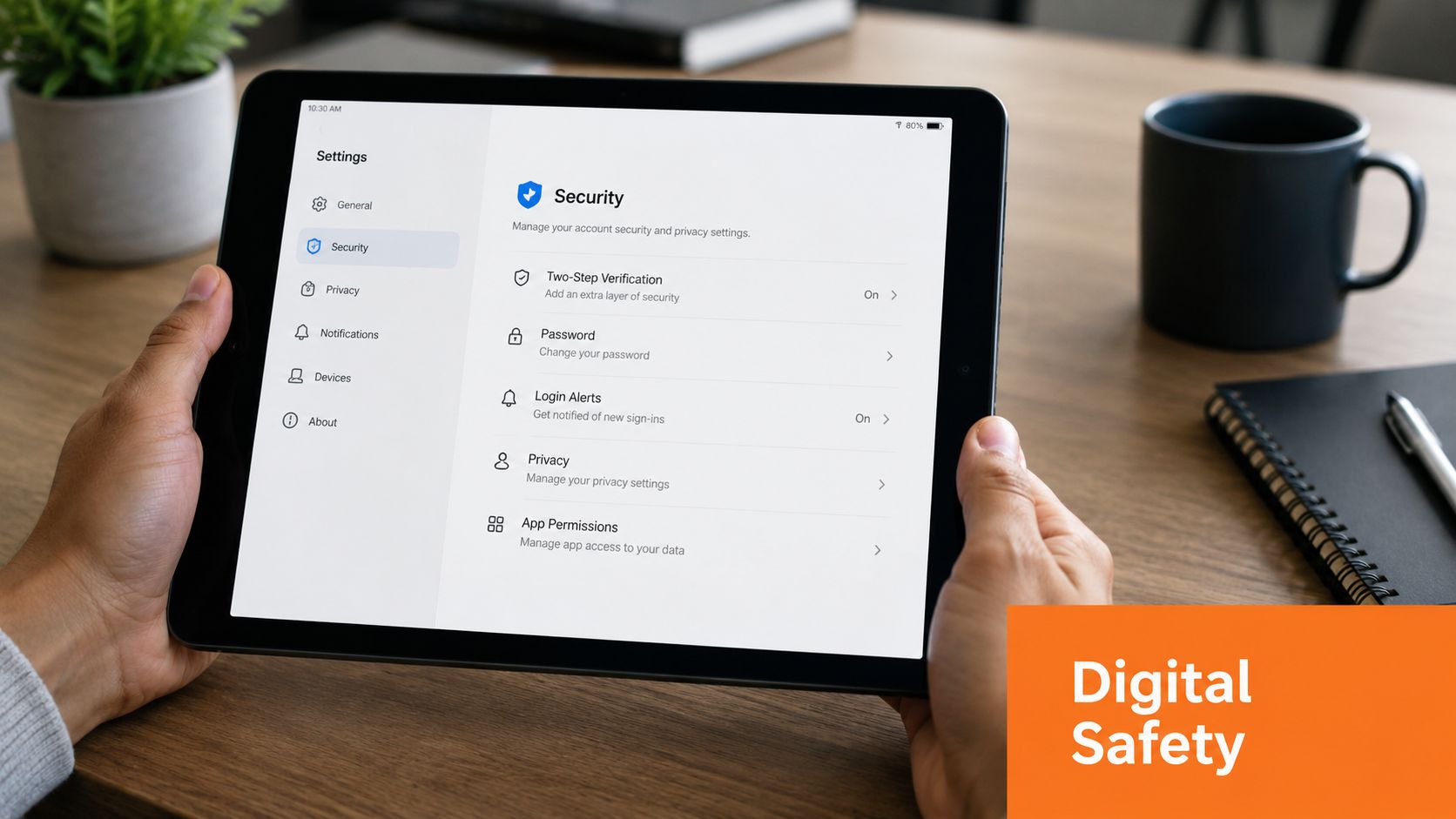 A person holding a tablet displaying security and privacy settings in an office environment for digital safety.