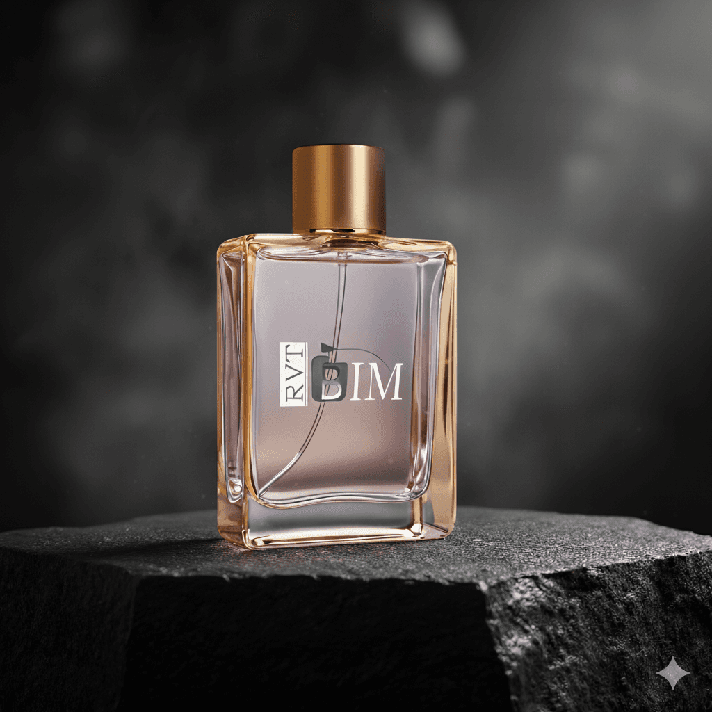 A rectangular bottle of RVT BIM perfume sits on a dark stone. The bottle is clear with a gold cap and label.