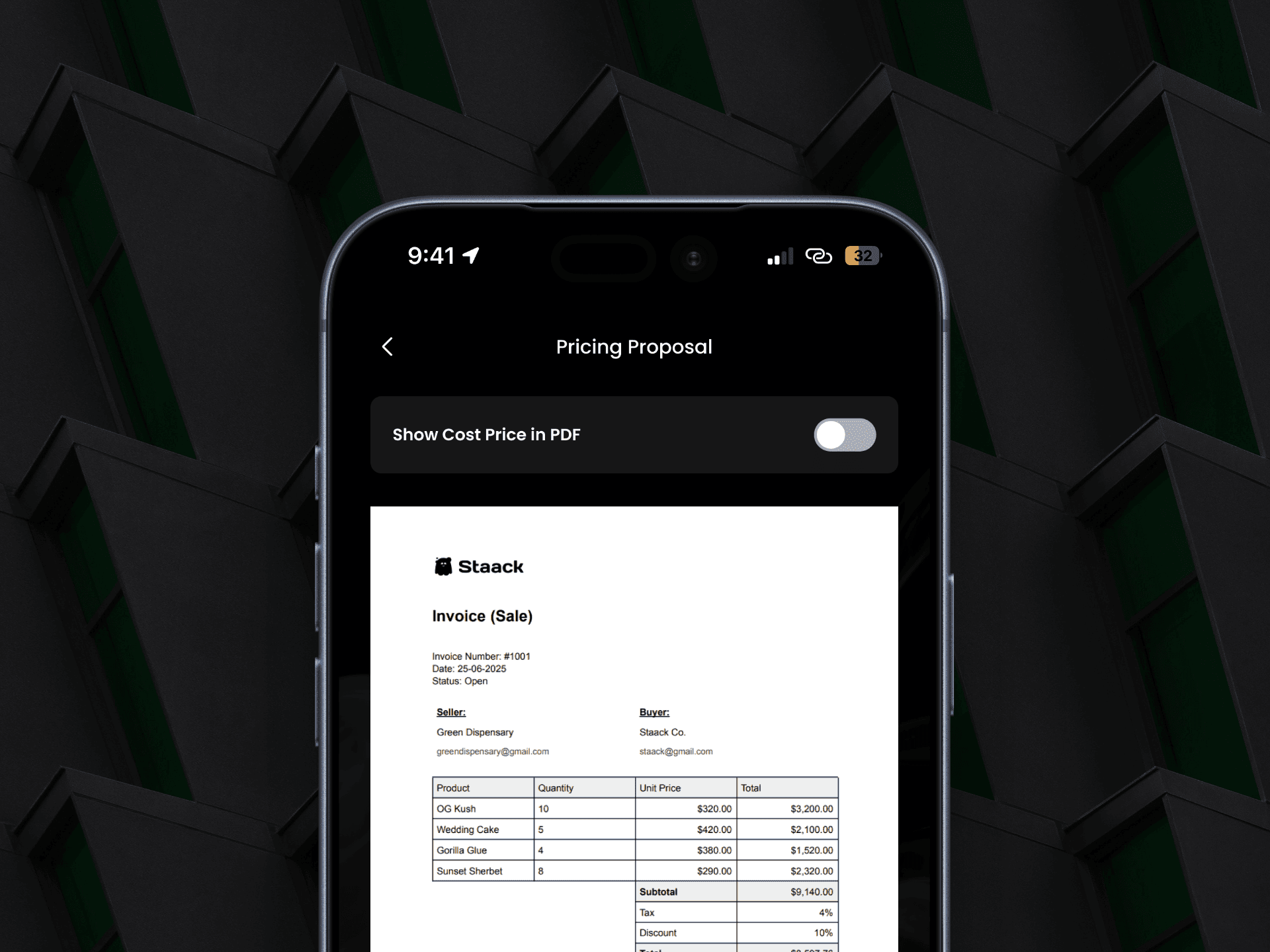 Screenshot of the Staackbooks pricing proposal PDF generation screen showing a branded invoice preview on a phone.