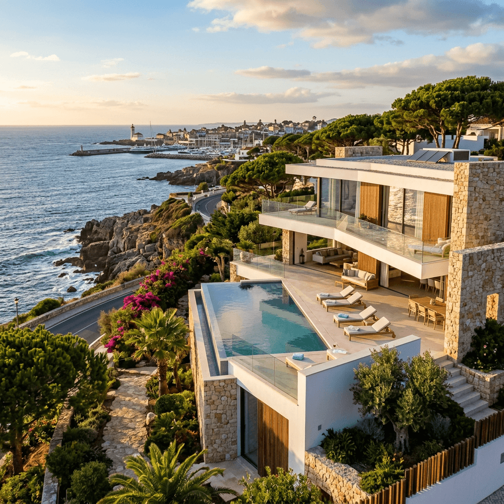 Modern luxury villa with infinity pool at sunset with tree.