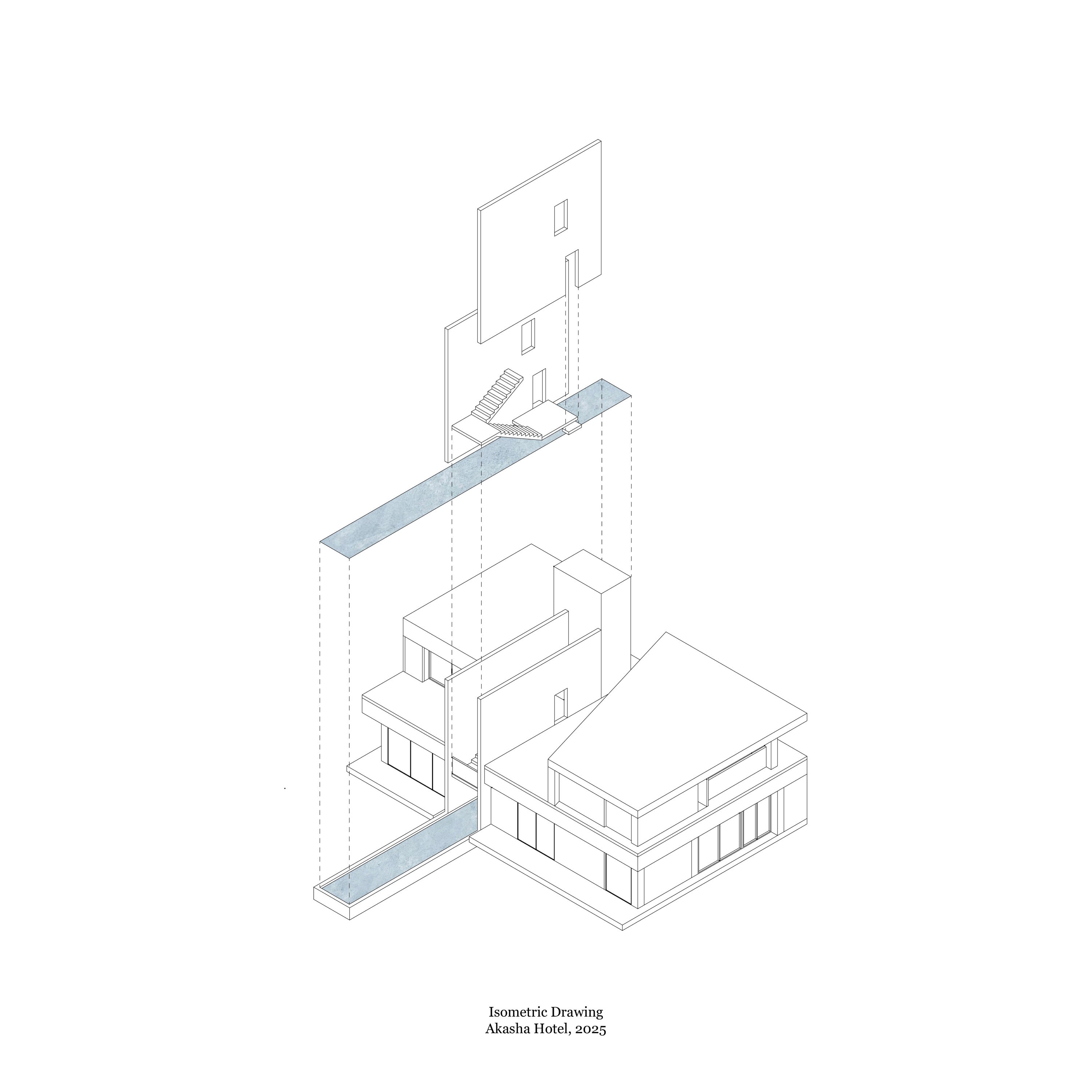 Isometric drawing of Akasha Hotel, 2025.