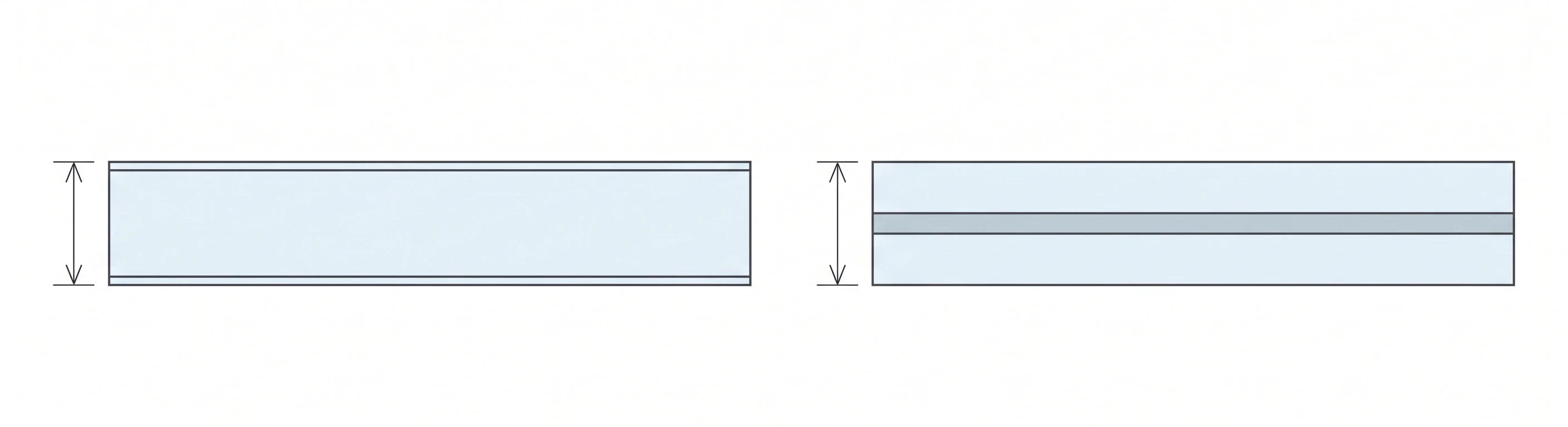 Cross-section diagram comparing single-lite and bonded two-lite glass railing panel construction