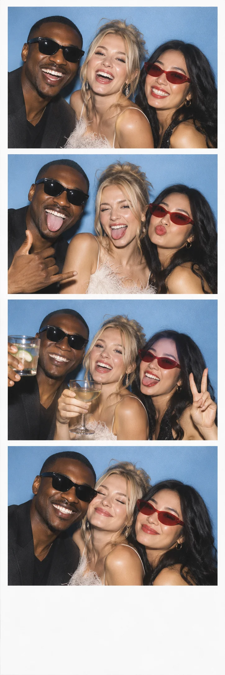 Four playful party portraits printed on a white photo strip