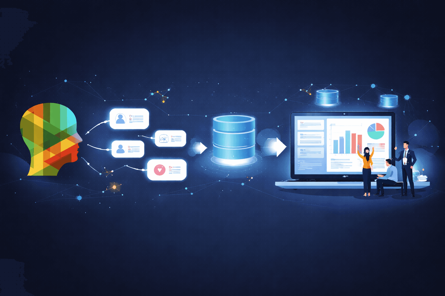 Visual illustration showing how a natural language query moves from human intent to data processing and results in a modern BI platform.