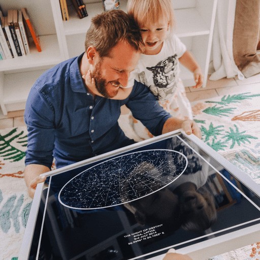 Father and Child receiving a star map as a gift