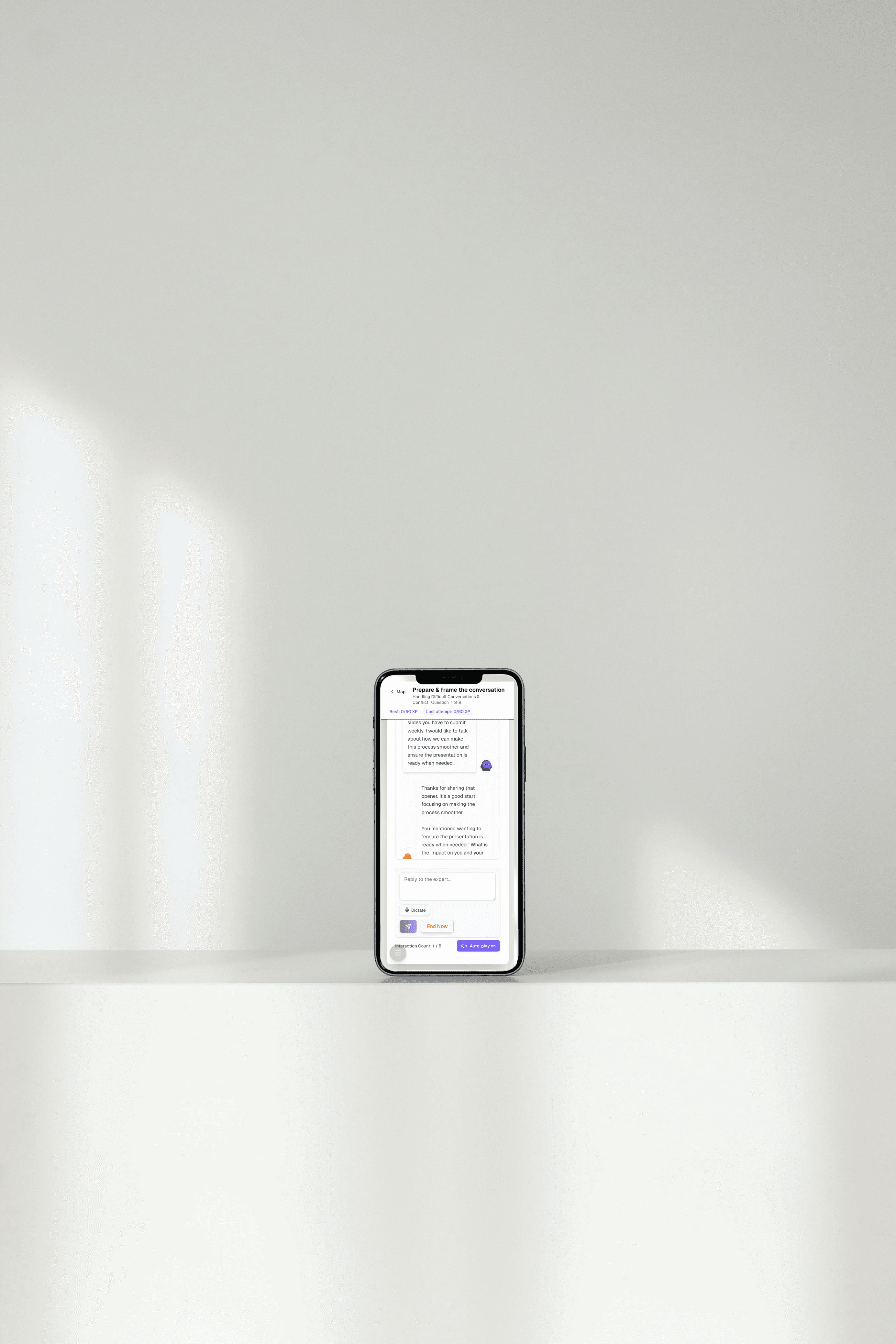 Smartphone displaying Allie AI coaching app with a scenario for preparing a difficult workplace conversation.