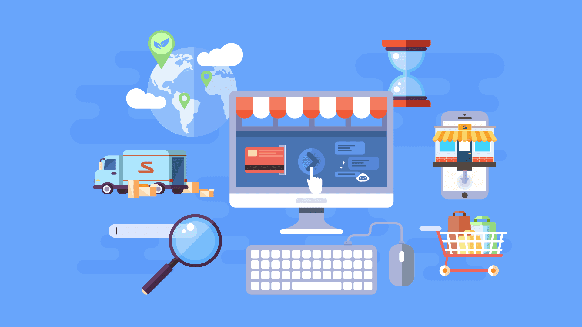 Annimated computer with productivity items surrounding it