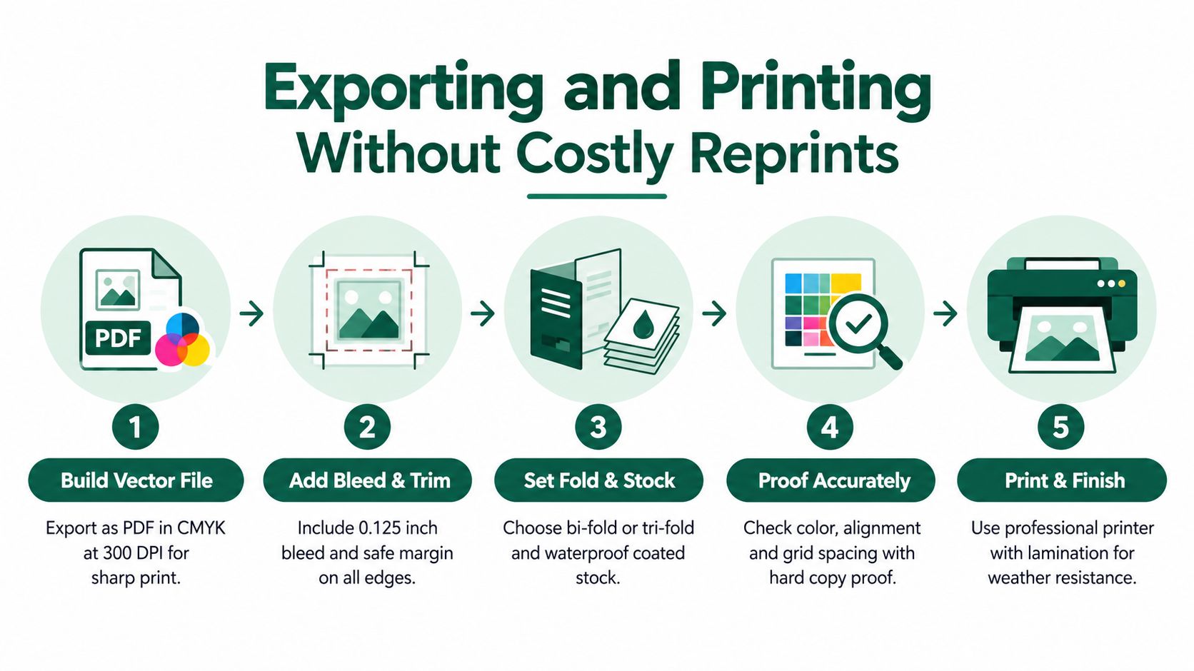 A five-step infographic showing professional tips for exporting and printing documents without needing costly reprints.