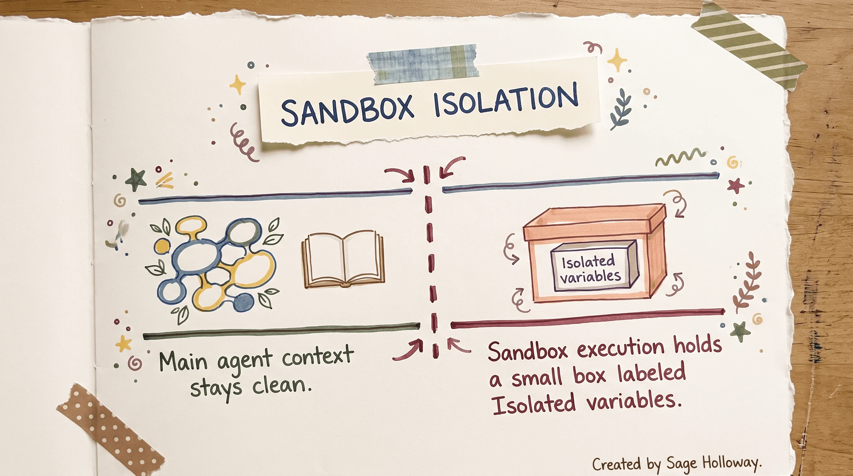Scrapbook diagram showing sandbox execution isolated from the main agent context window