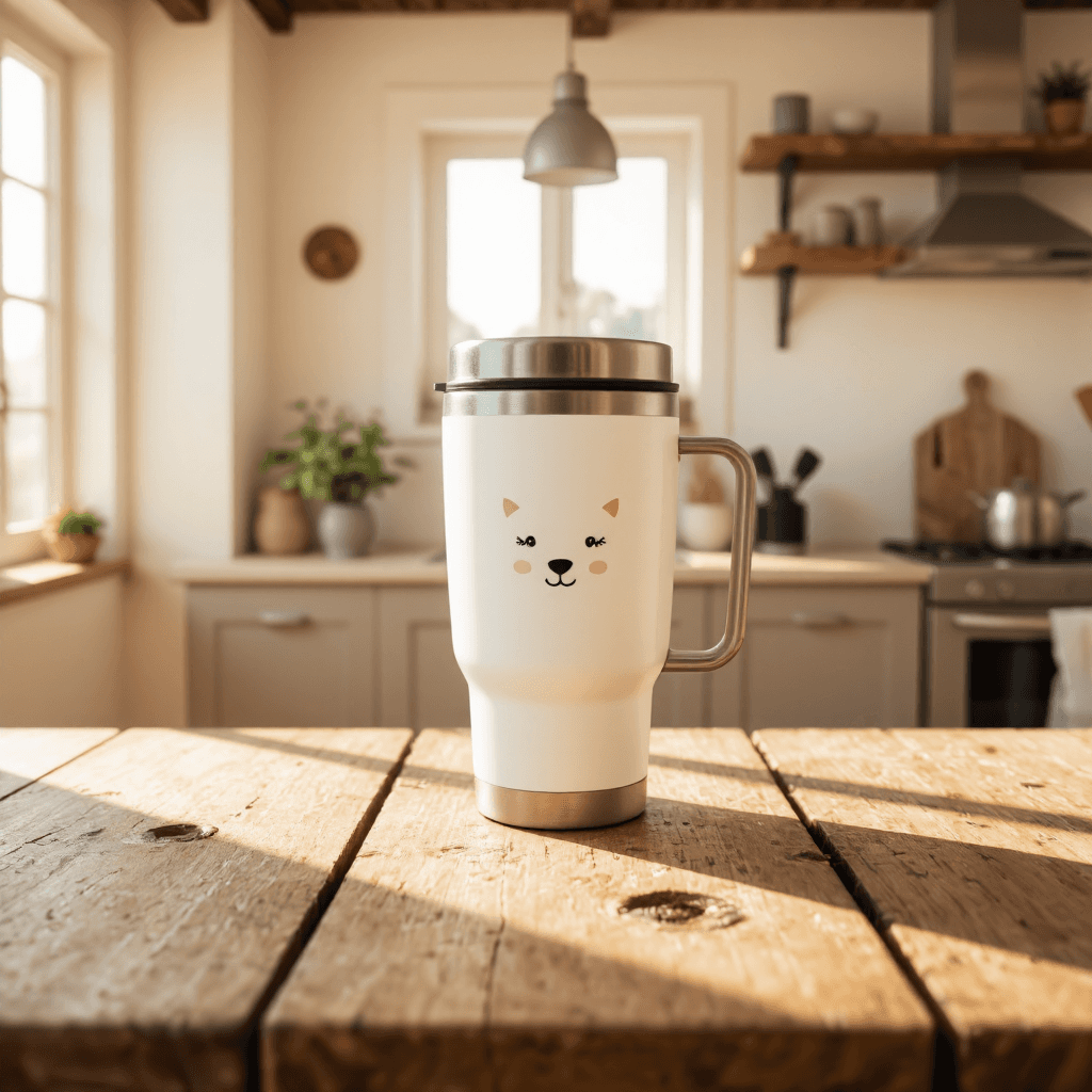 product photography of a travel mug with a cute animal design