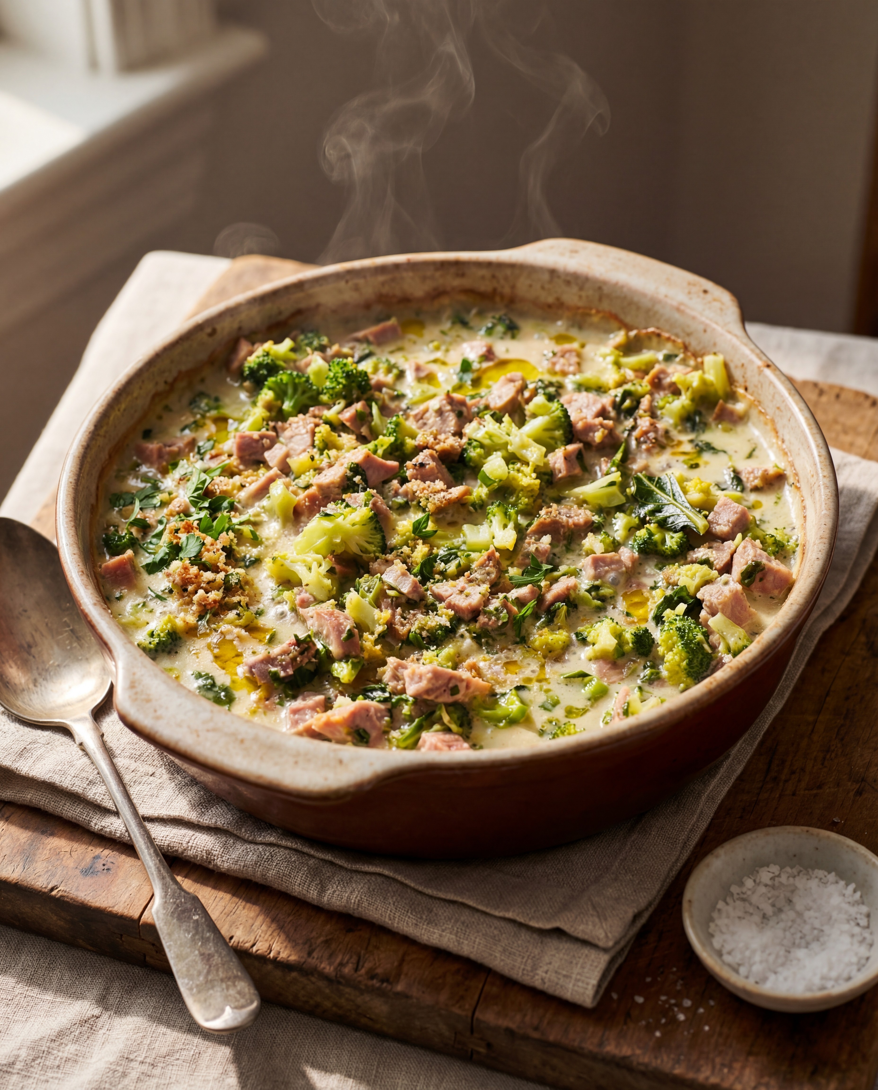 Salteado de brócoli y cerdo, con caldo de pollo Pura Gloria