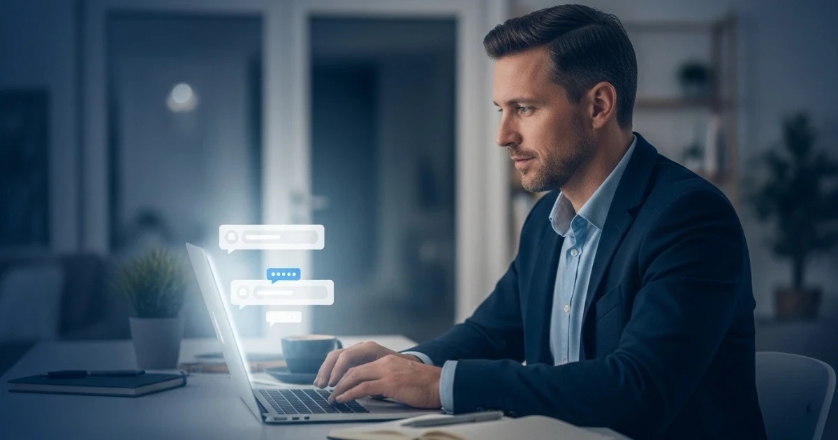 Real estate agent confidently reading and replying to YouTube comments on a laptop.