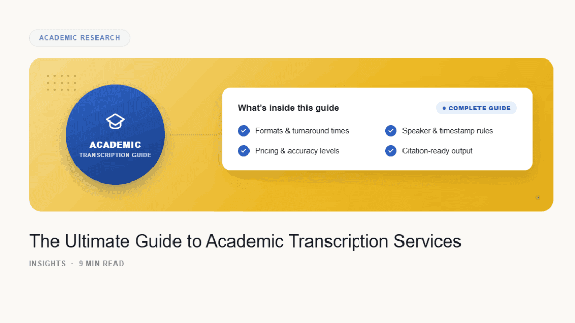 A navy circular medallion with a graduation cap icon labeled 'Academic, Transcription Guide' connects via dotted line to a white 'What's inside this guide' checklist card (Complete Guide badge), on a gold gradient banner with an Academic Research category badge.