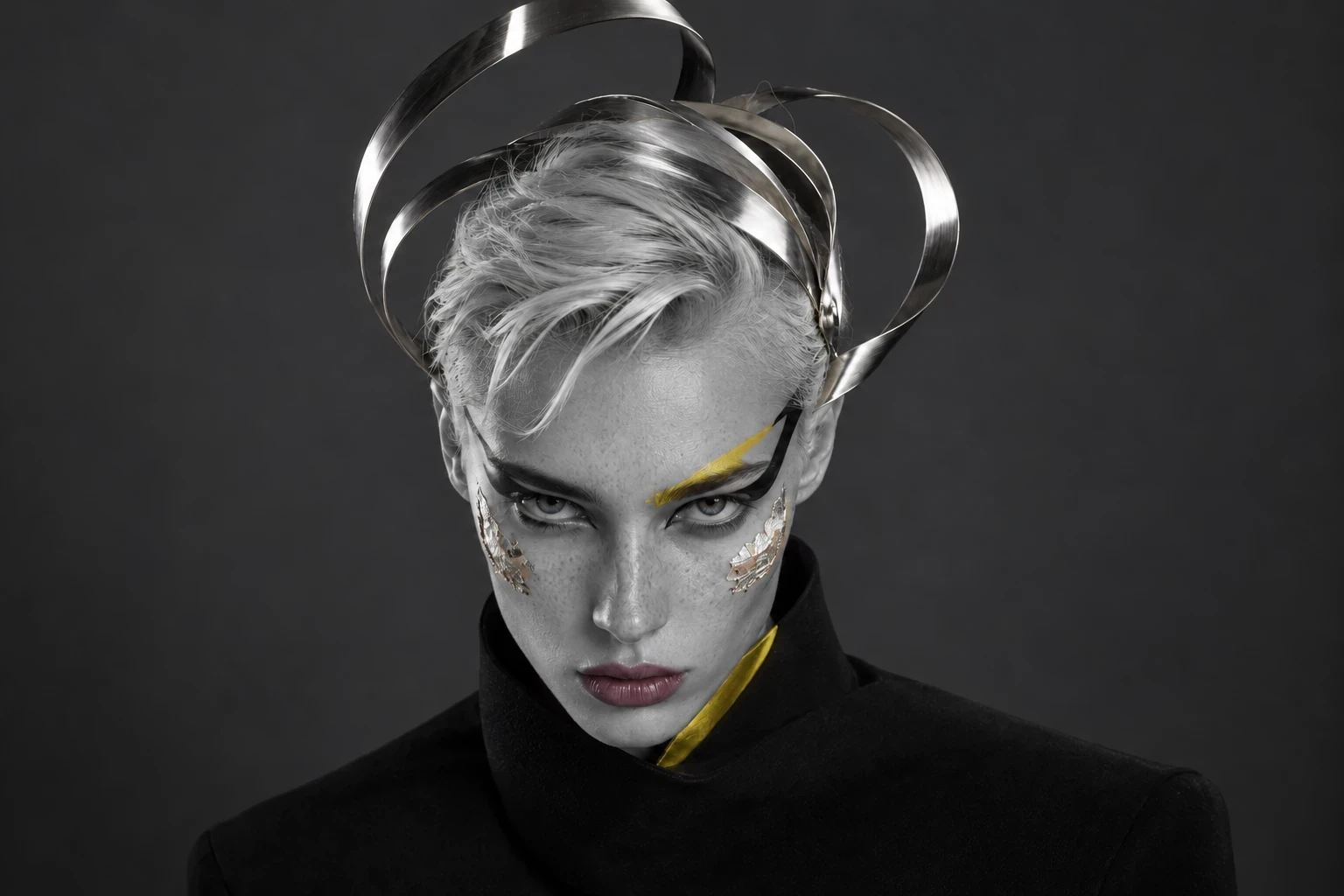 Selective-colour version: Portrait with short silver hair, graphic lime eye makeup and curved metallic headwear