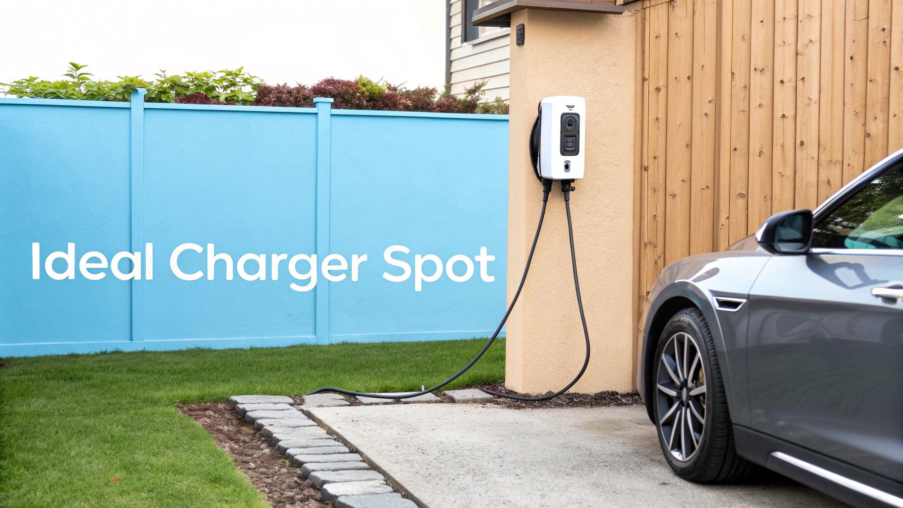 a electric vehicle charger next to a blue wall with the text 'ideal charger spot'