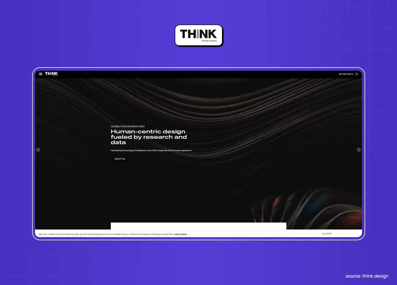 Think Design homepage, dark layout with the headline “Human-centric design fueled by research and data” over a flowing black texture.
