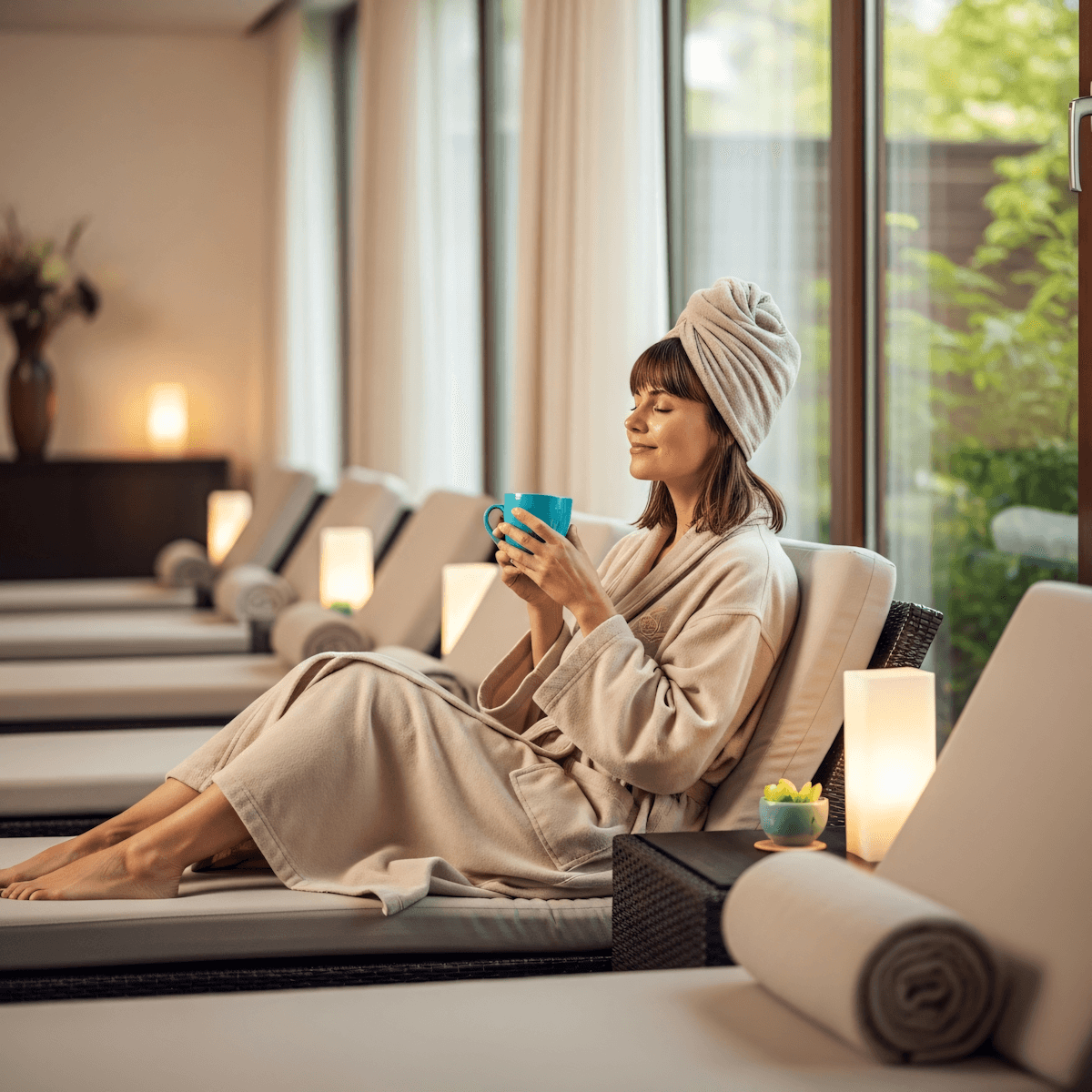 A luxurious indoor pool area with a panoramic view of a city at sunset. Comfortable lounge beds with soft fabrics surround the pool, while warm ambient lighting enhances the sophisticated atmosphere. The space combines modern elegance with a tranquil vibe.