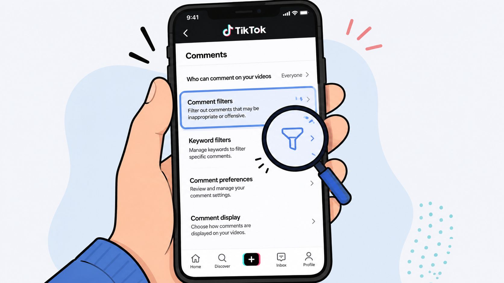 A hand holding a smartphone showing TikTok settings to filter and manage comments on user videos.