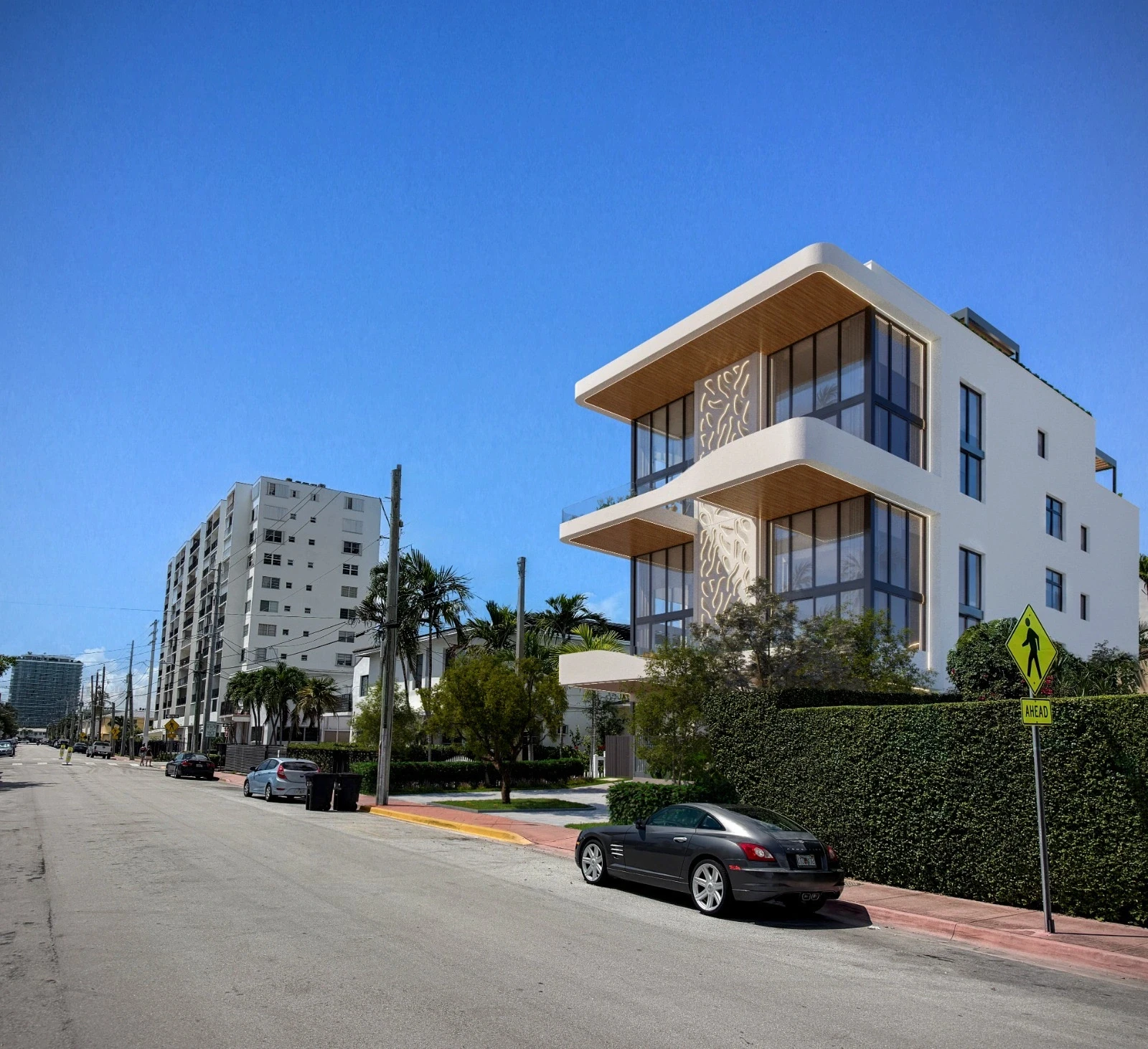Street view of Byron Avenue Residence in North Beach, Miami Beach, showing rounded cantilevered slabs, wood soffits and floor-to-ceiling glazing