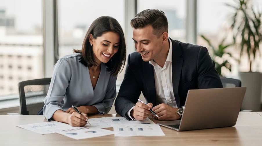 A young professional couple is sitting at a table, reviewing documents together, likely discussing important matters related to their finances or legal agreements. This scene may reflect the complexities of divorce proceedings, as they navigate issues such as property division and spousal support, which are influenced by the rising divorce rates in California.
