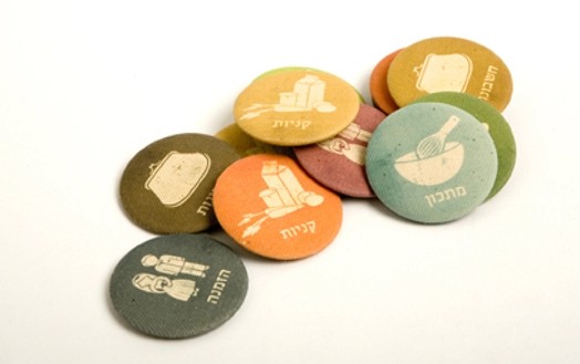 Buttons with fabric covers and different icons, like food, people, signs, etc.