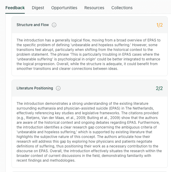 thesify introduction feedback showing Structure and Flow scored 1/2 and Literature Positioning scored 2/2 with notes on improving transitions and positioning the research gap