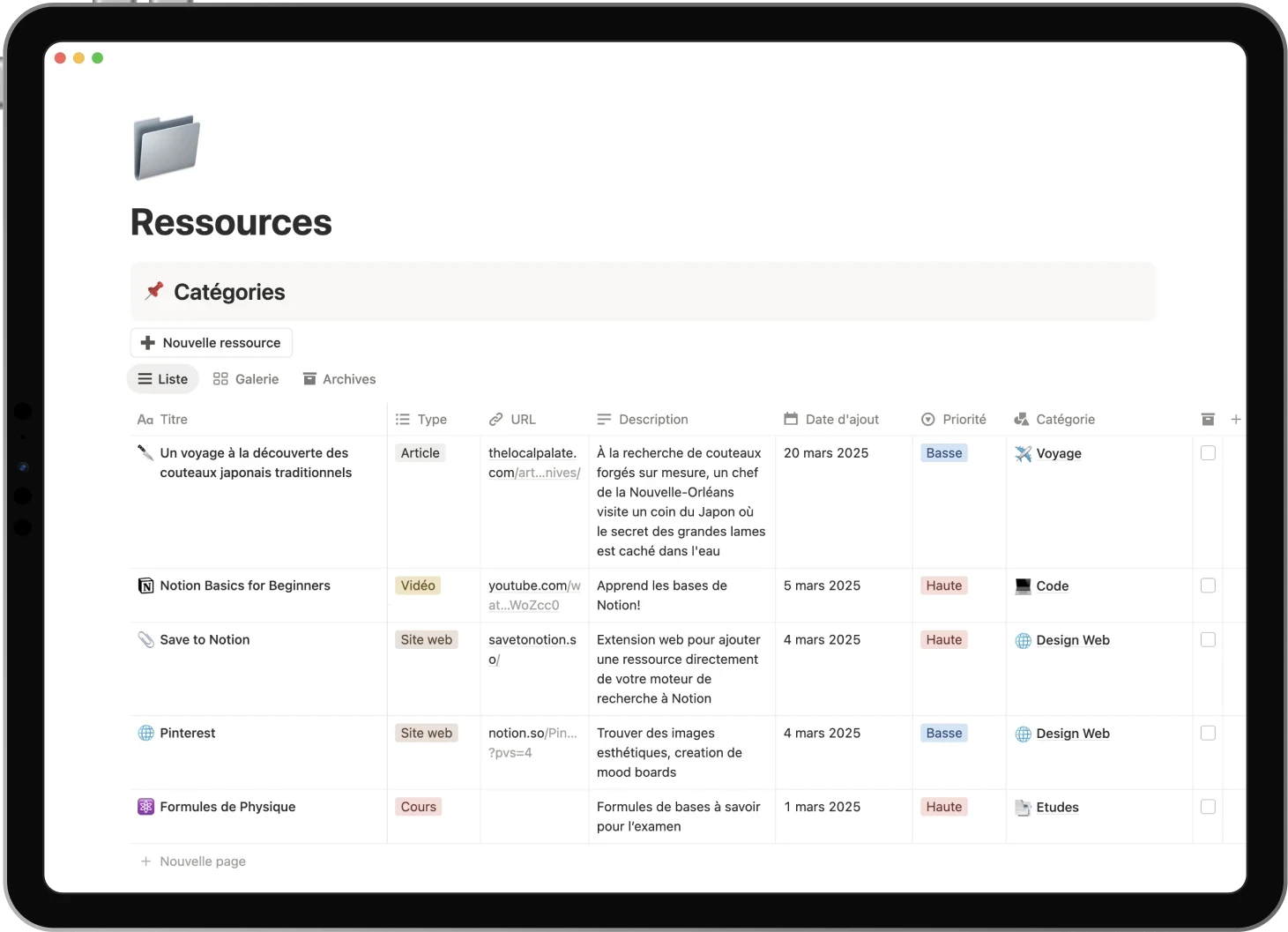 Ipad displaying the Resources template: gather all your most important resources, add tags, set tags.
