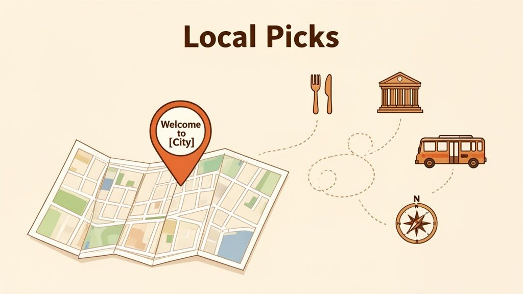 Illustration of a map with a 'Welcome to City' pin and icons for food, culture, transport, and navigation.