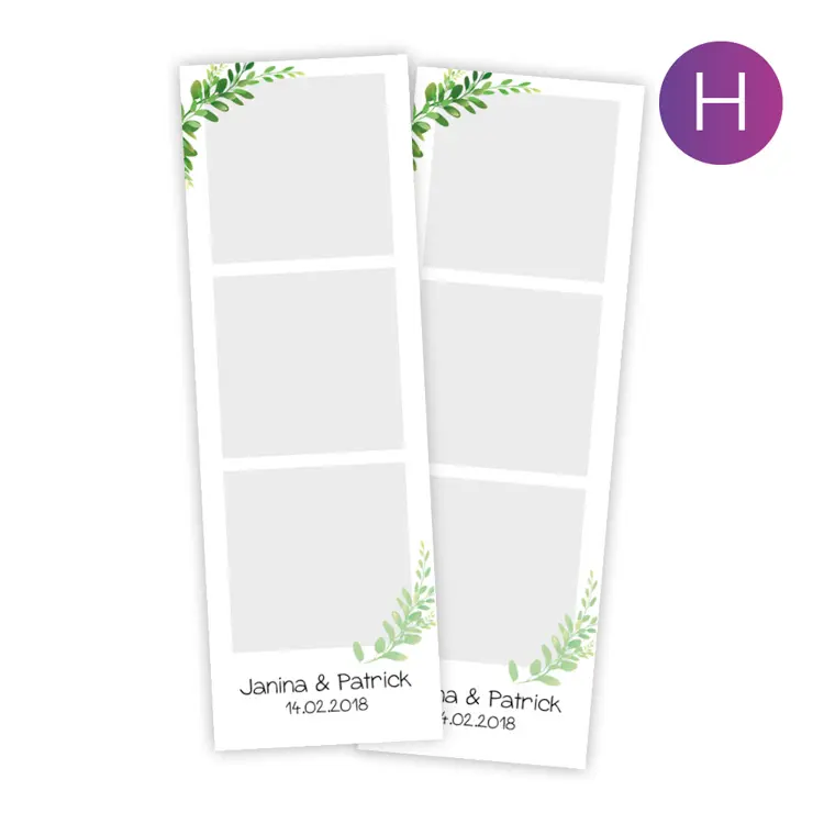 Beispiel eines Hochzeitslayouts mit zwei Fotostreifen, je drei Bildfeldern sowie Namen und Datum