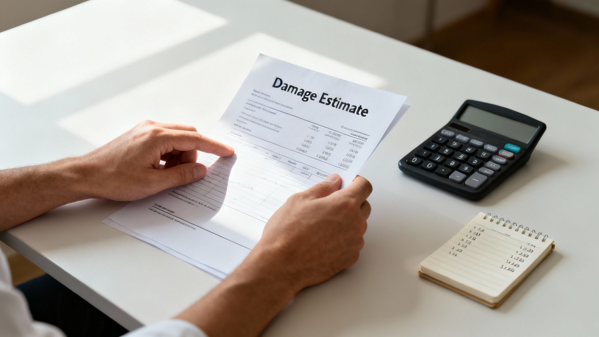 A person's hands reviewing a 'Damage Estimate' document, with a calculator and notepad on a white desk.