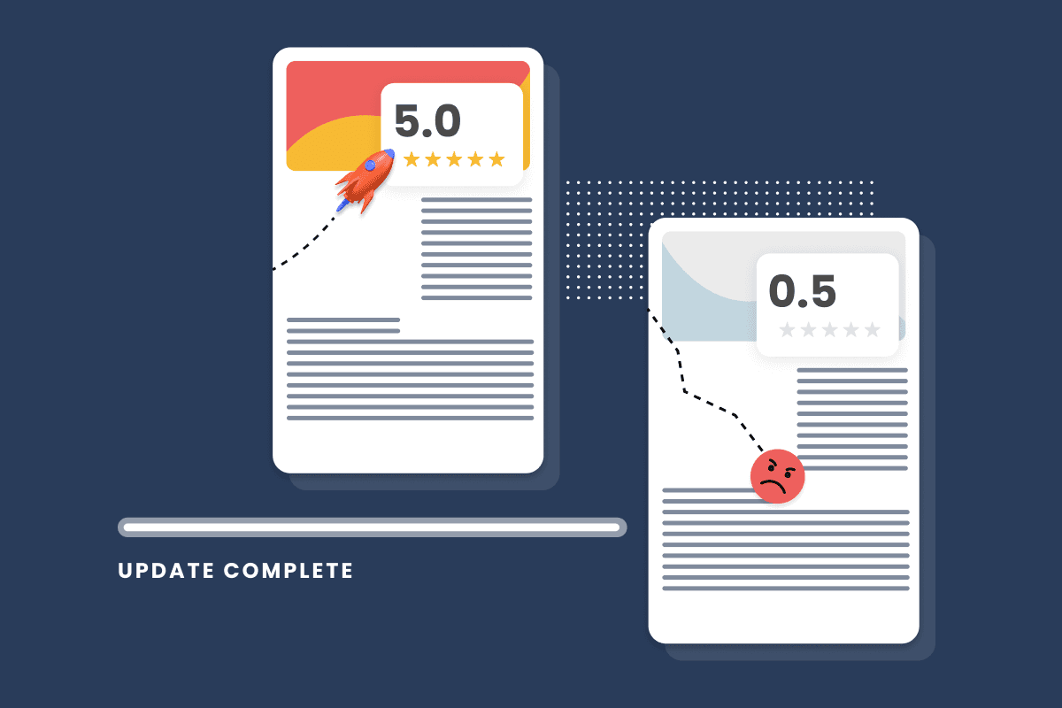 Two phone mockups displaying illustrations and lines of text. Beneath the first phone, is a progress bar with text displaying 'Update Complete'