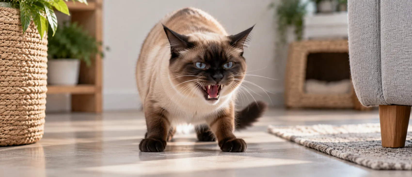 A Siamese cat hissing with its mouth open and ears back.