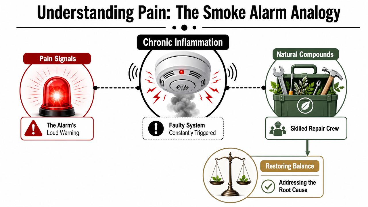 An infographic showing the smoke alarm analogy for understanding chronic pain, inflammation, and natural healing methods.