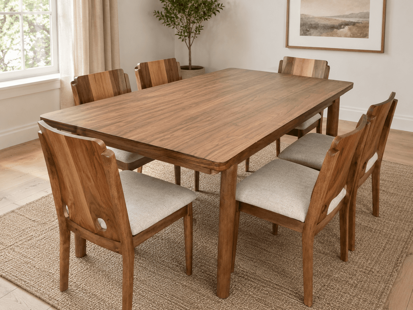 Warm walnut dining table with upholstered wood chairs
