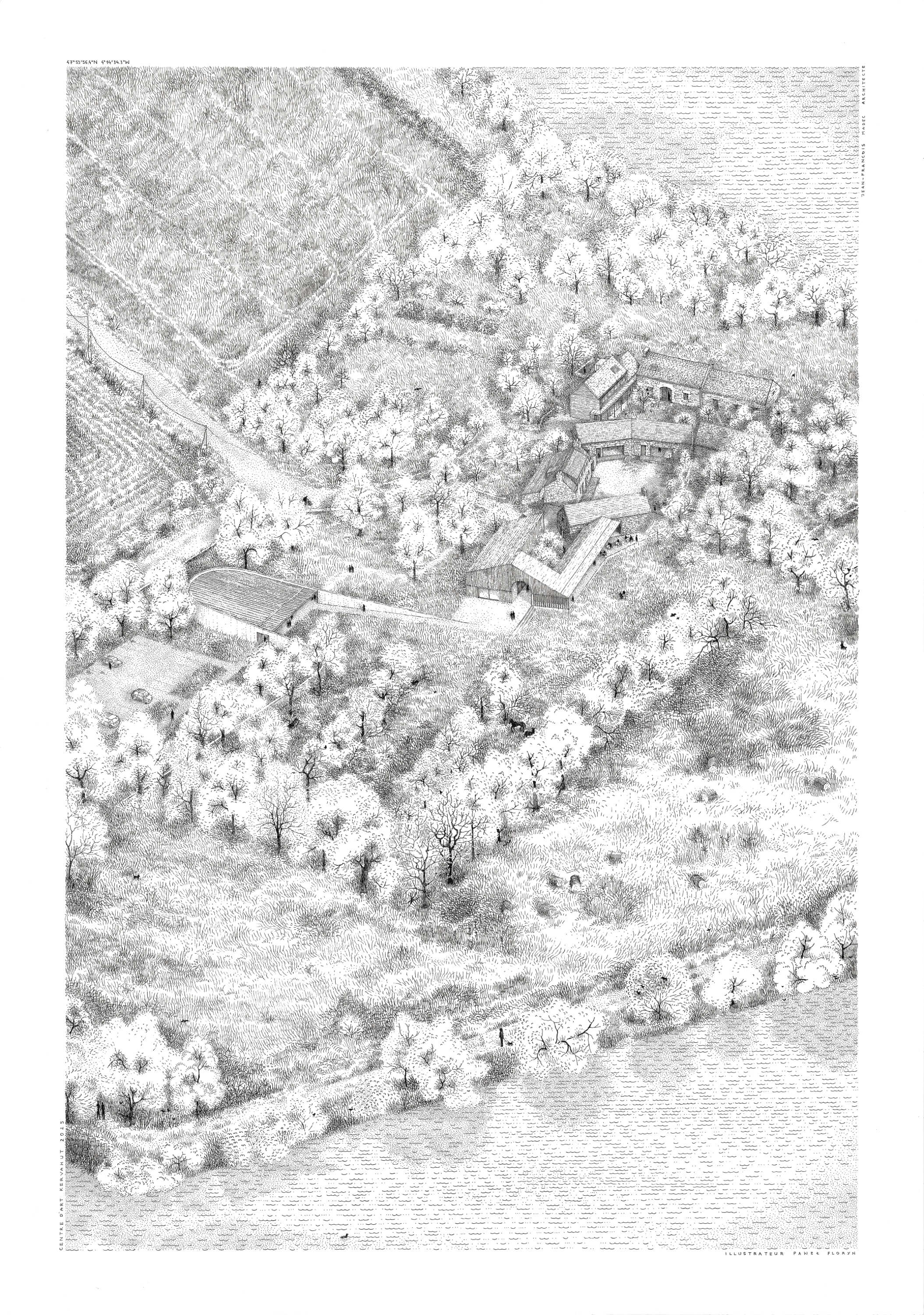 A detailed sketch or map featuring various lines and structures, densely arranged across the page.