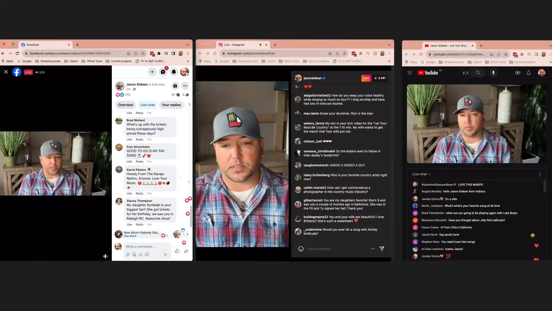 Multi-platform livestream showing a country artist broadcast simultaneously on Facebook, Instagram and YouTube.
