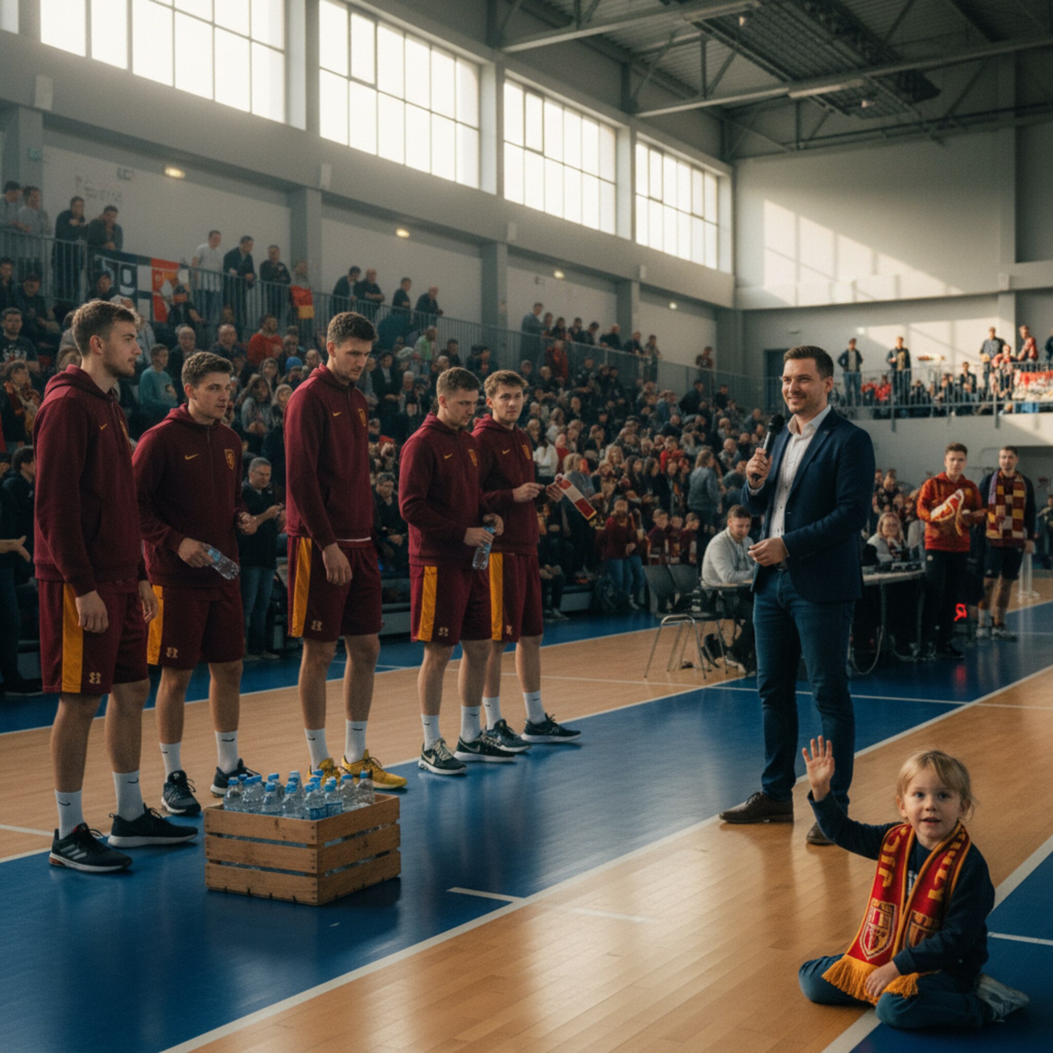 In einer hellen Mehrzweckhalle schwenkt ein Scheinwerfer über volle Ränge. Auf dem Parkett bereitet sich ein Team auf den Einlauf vor, Wasserflaschen klirren in einer Kiste. Ein Moderator testet das Mikro, während ein Kind mit Vereins-Schal aufgeregt seiner Lieblingsmannschaft zuwinkt.