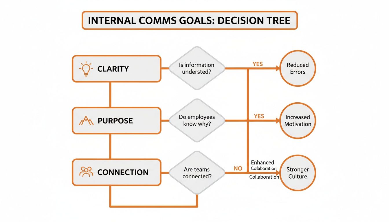 A decision tree diagram illustrating internal communications goals: Clarity, Purpose, and Connection, leading to various outcomes.